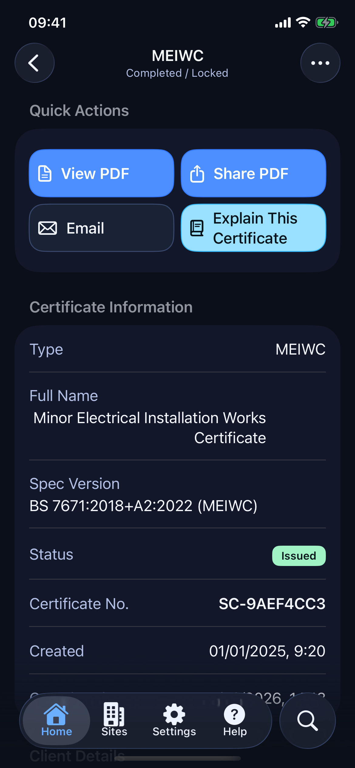 SnapCert iPhone certificate screen in dark mode