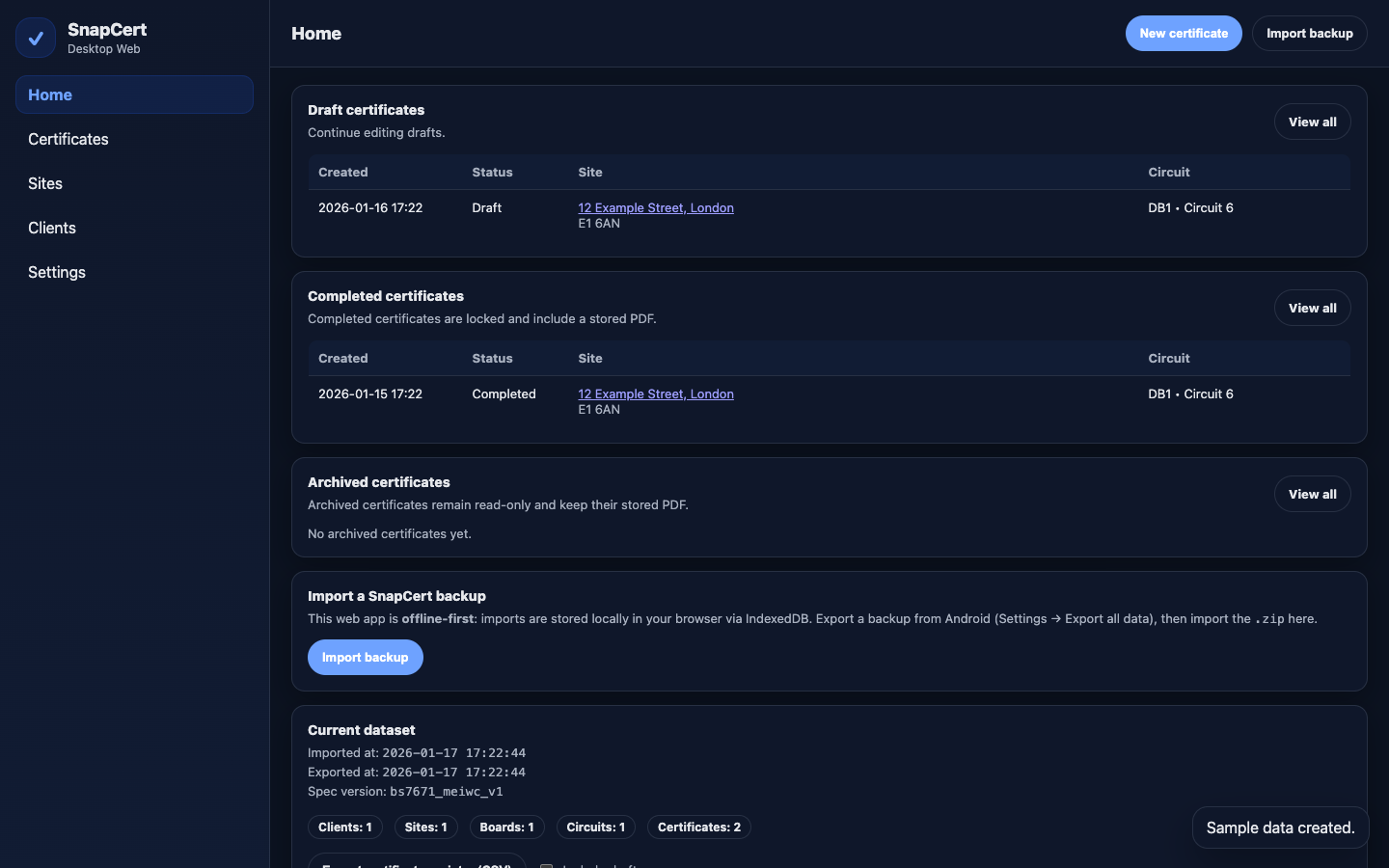 SnapCert desktop web home screen