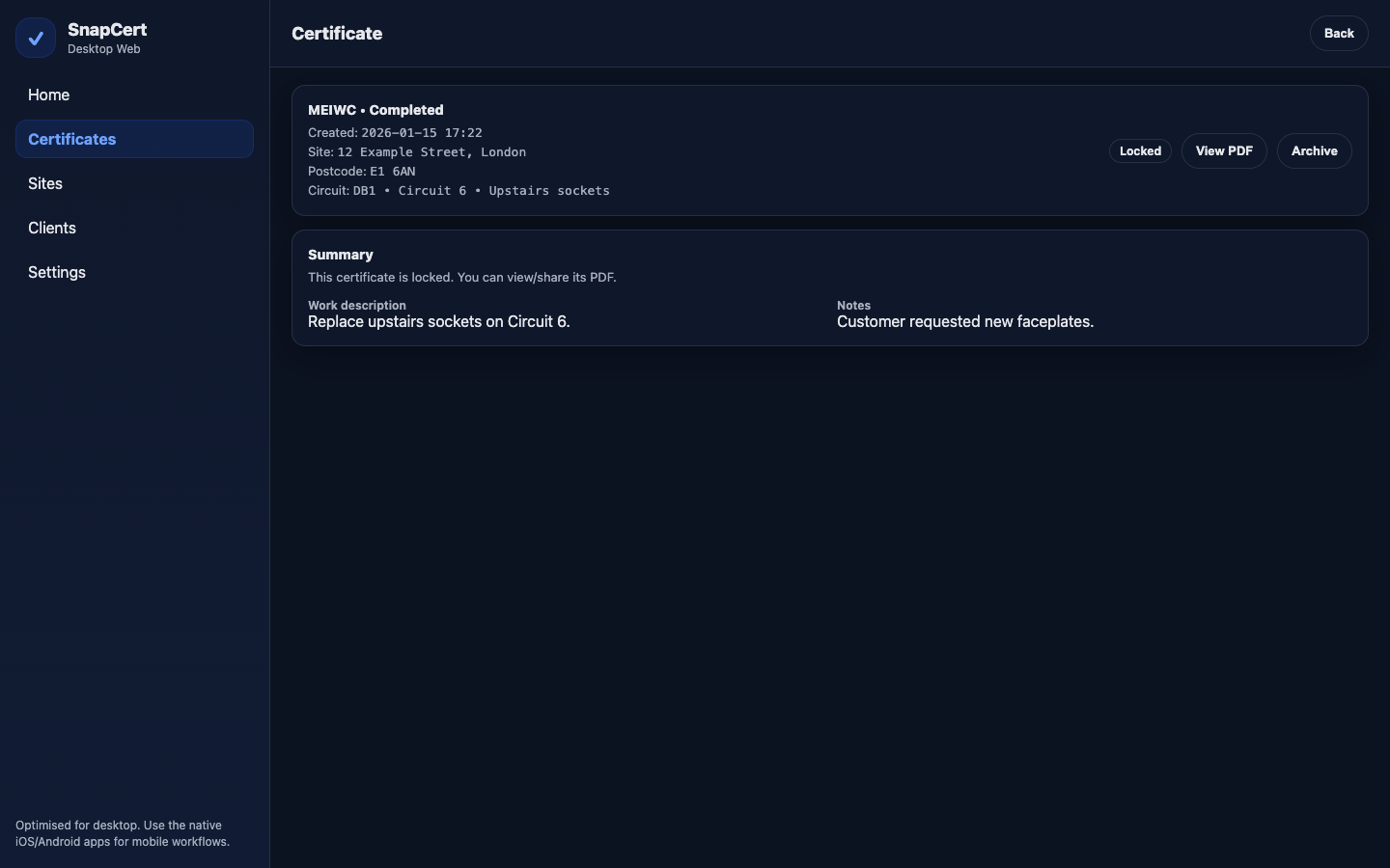 SnapCert desktop completed certificate screen