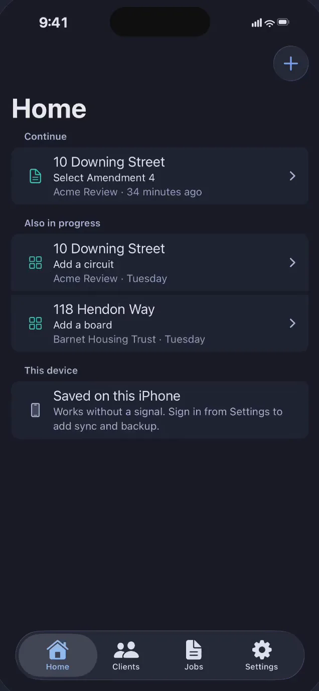 SnapCert Home with a report to continue and a note that records are saved on this iPhone