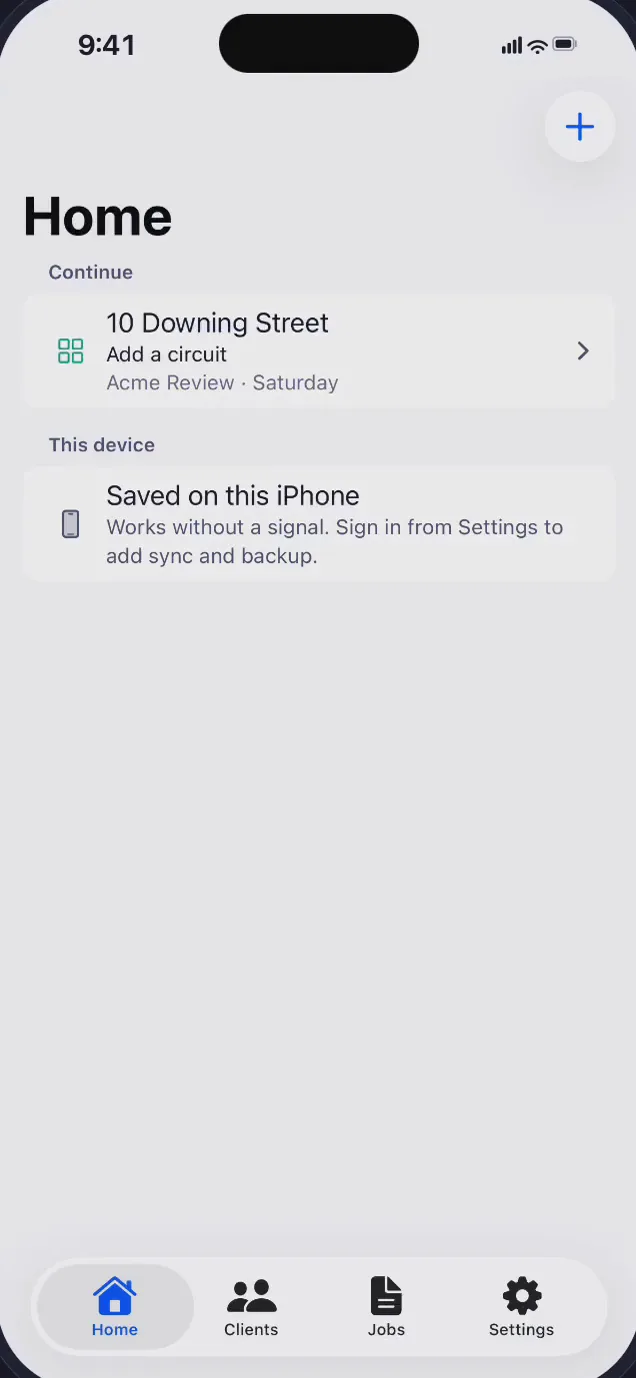SnapCert Home with a report to continue and a note that records are saved on this iPhone