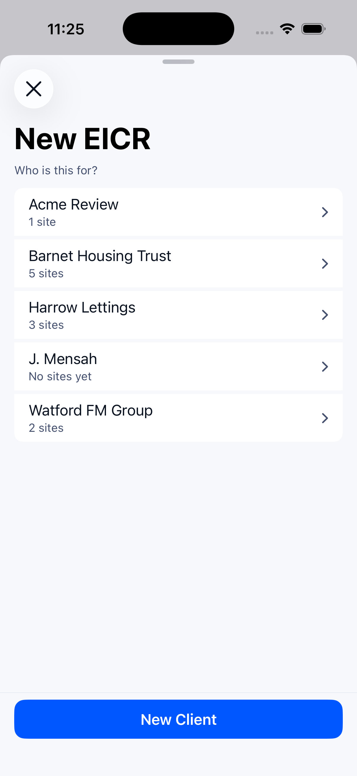 New EICR: pick a client