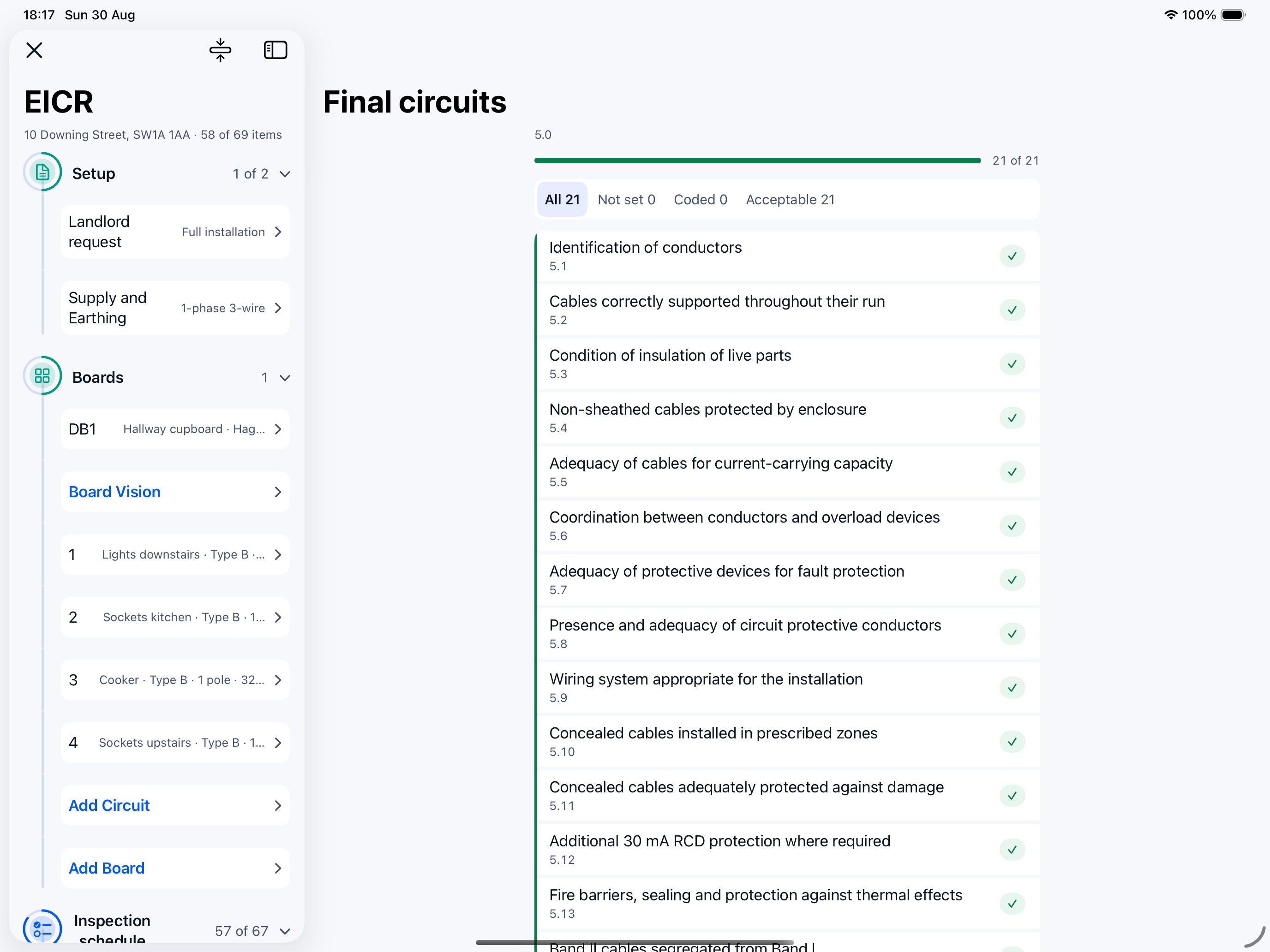 EICR hub on iPad: report list and the page in view