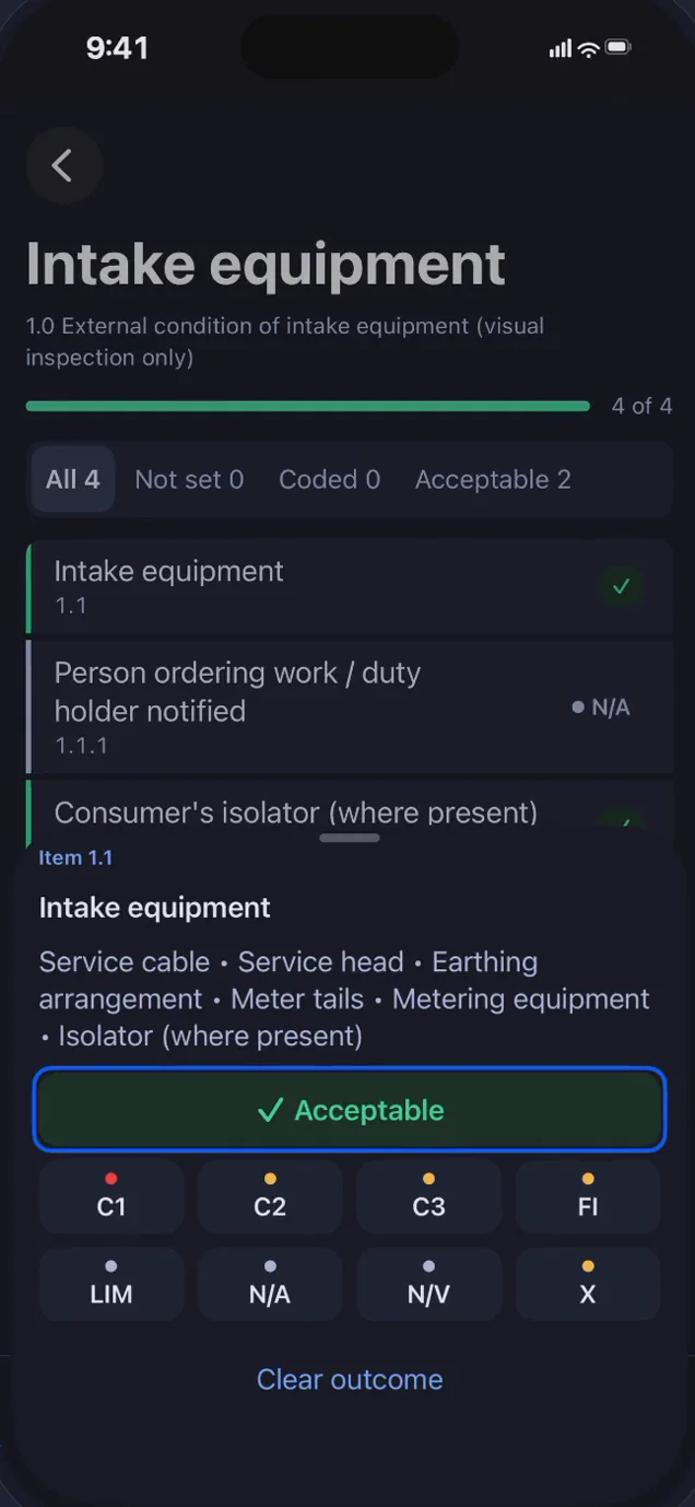 Inspection outcome controls beside an EICR schedule item