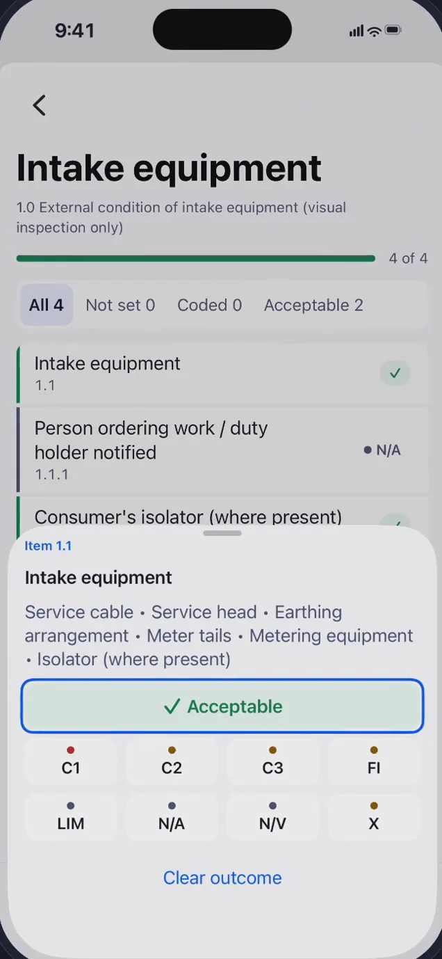 Inspection outcome controls beside an EICR schedule item